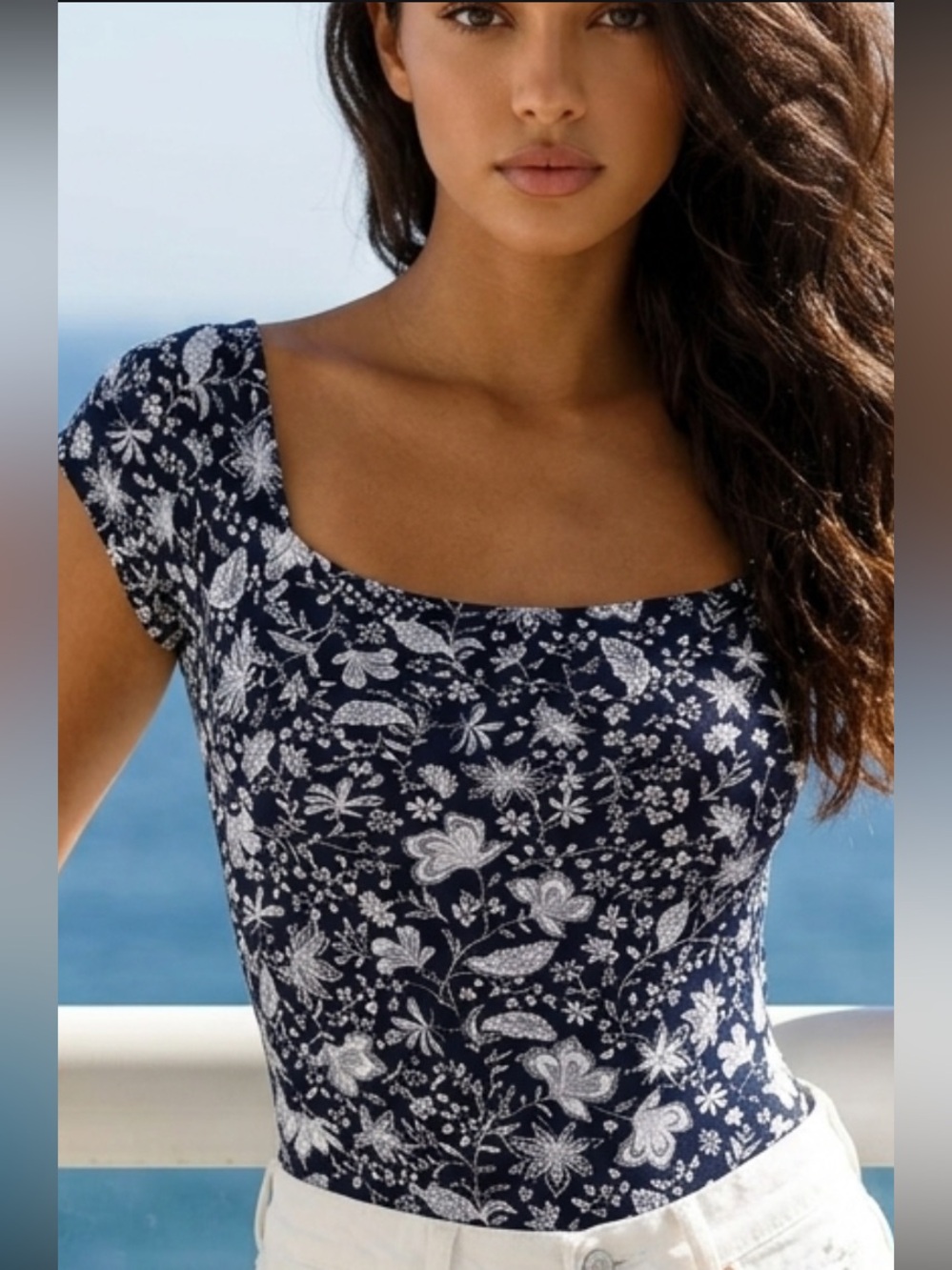 Lush | Lush Sammi Navy & White floral Cut Out Bodysuit | Bodysuit | NWOT size M